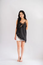 Zanara Asymmetrical Lace Camisole Top in Black Polkadot