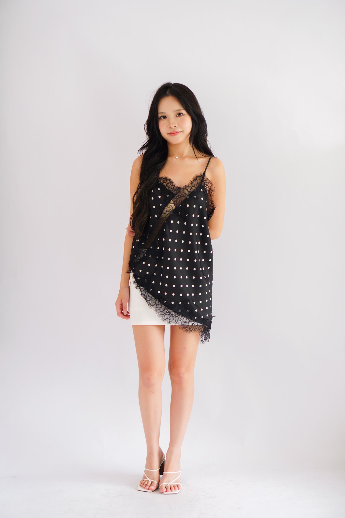 Zanara Asymmetrical Lace Camisole Top in Black Polkadot