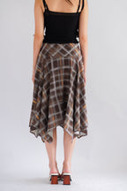 Romelle Plaid Asymmetrical Midi Skirt in Brown and Yellow