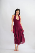 Gillian Halter Neck V Neck Maxi Dress in Dark Red