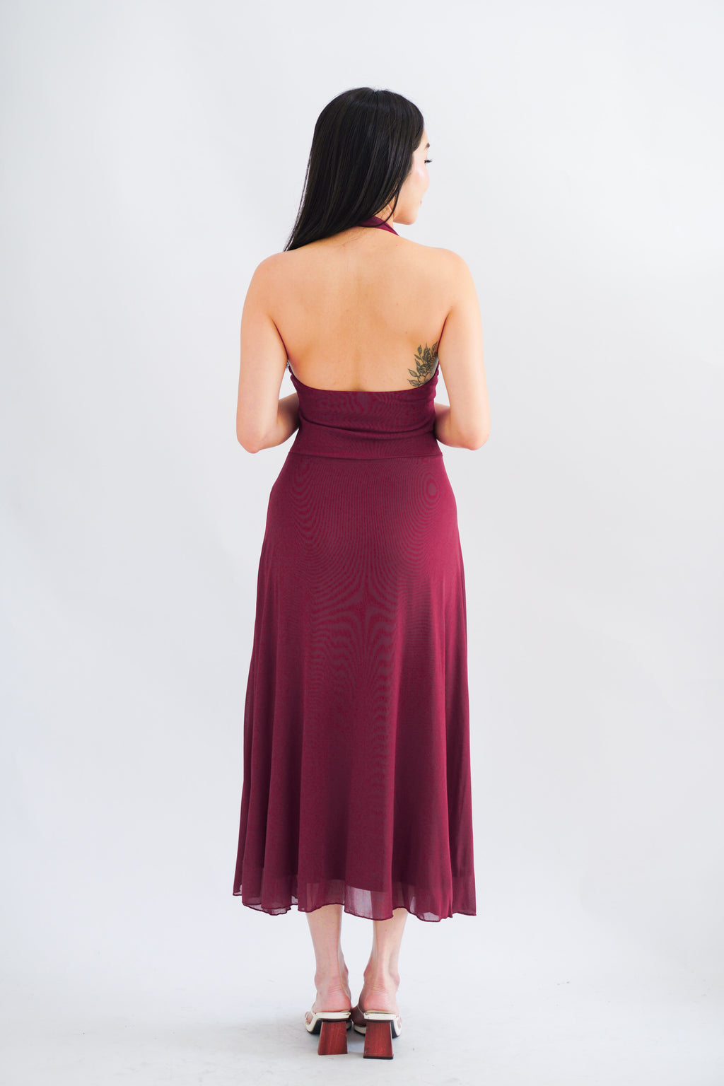 Gillian Halter Neck V Neck Maxi Dress in Dark Red