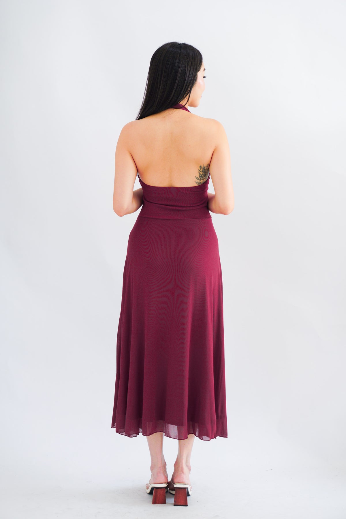 Gillian Halter Neck V Neck Maxi Dress in Dark Red