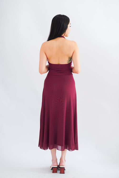 Gillian Halter Neck V Neck Maxi Dress in Dark Red