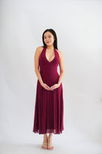 Gillian Halter Neck V Neck Maxi Dress in Dark Red