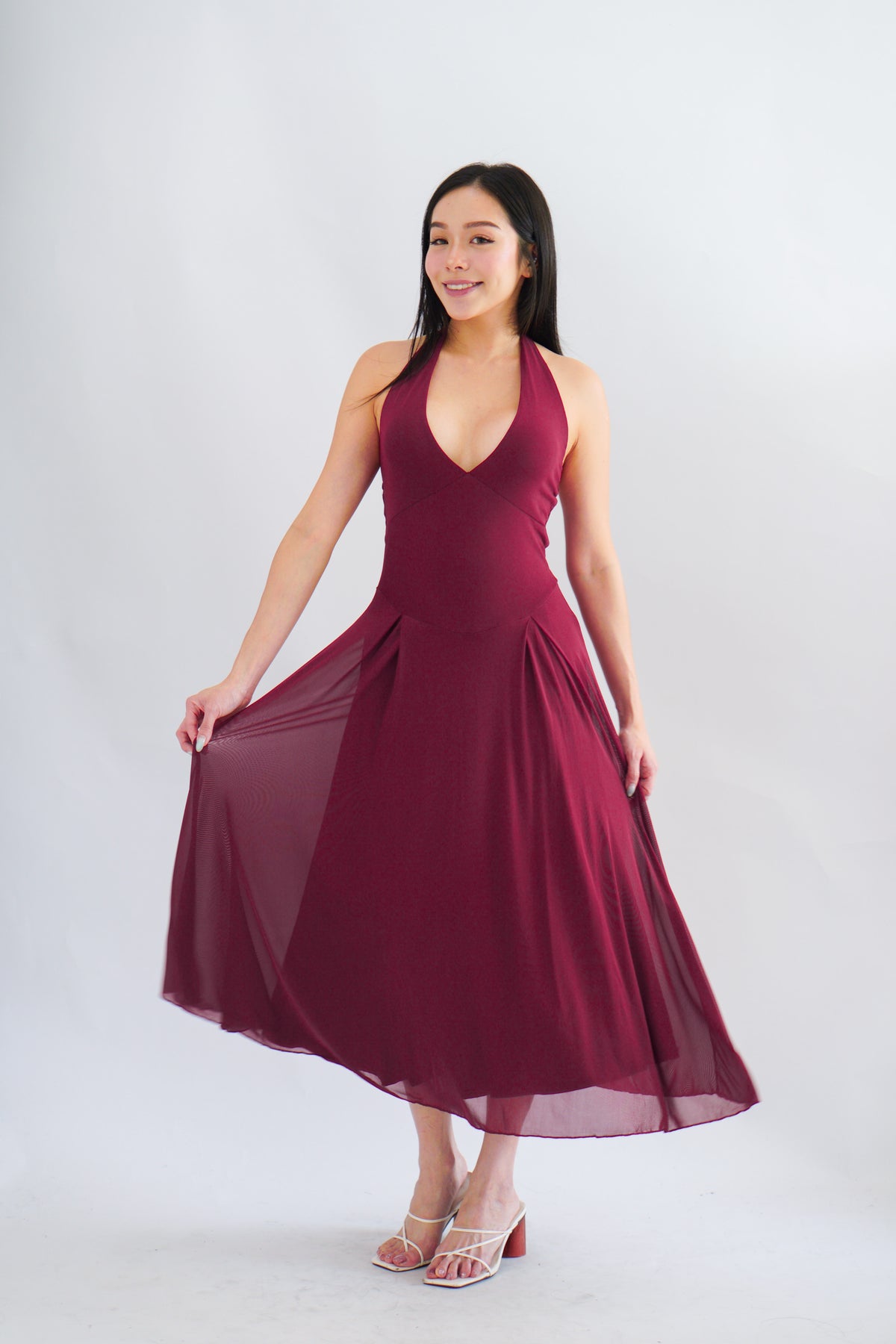Gillian Halter Neck V Neck Maxi Dress in Dark Red