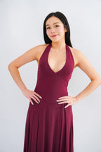 Gillian Halter Neck V Neck Maxi Dress in Dark Red