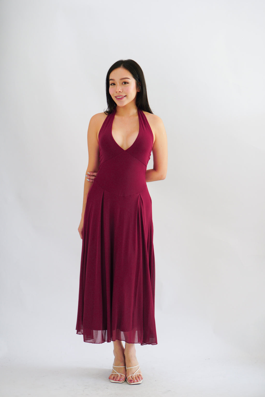 Gillian Halter Neck V Neck Maxi Dress in Dark Red