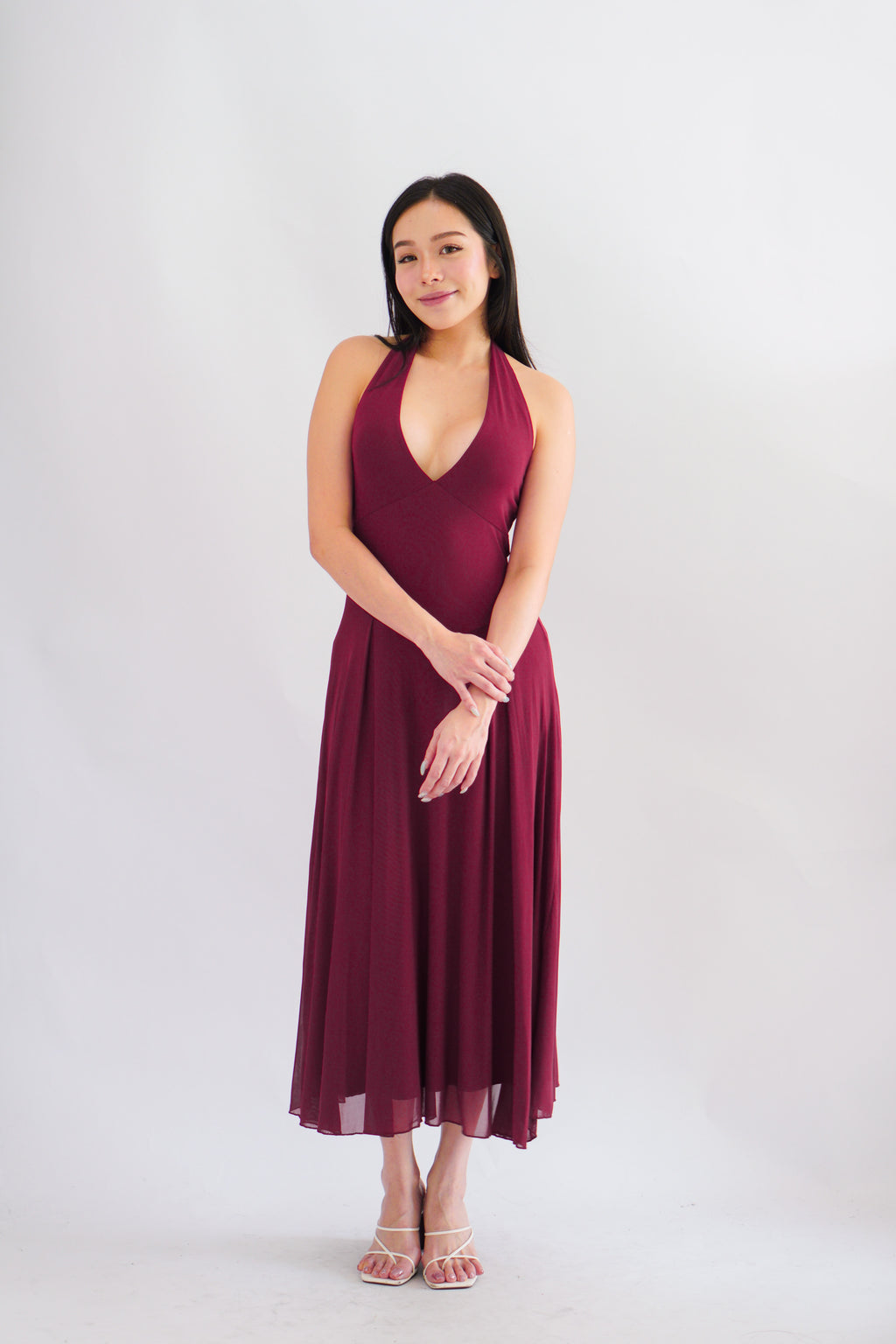 Gillian Halter Neck V Neck Maxi Dress in Dark Red