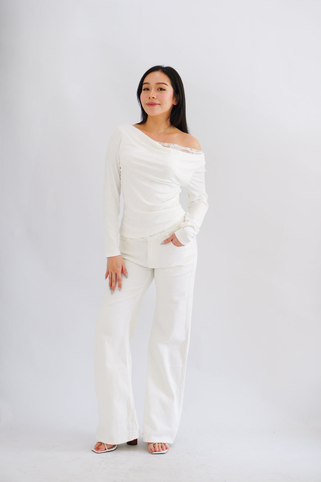 Daria Lace Toga Long Sleeve Ruched Top in White