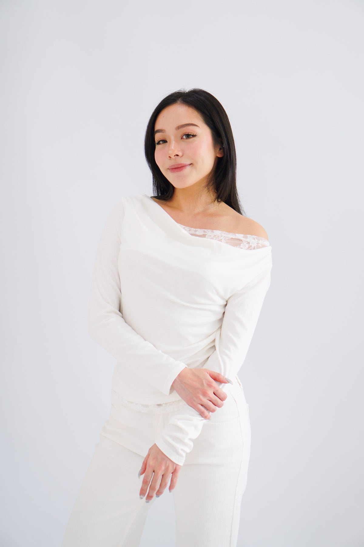 Daria Lace Toga Long Sleeve Ruched Top in White