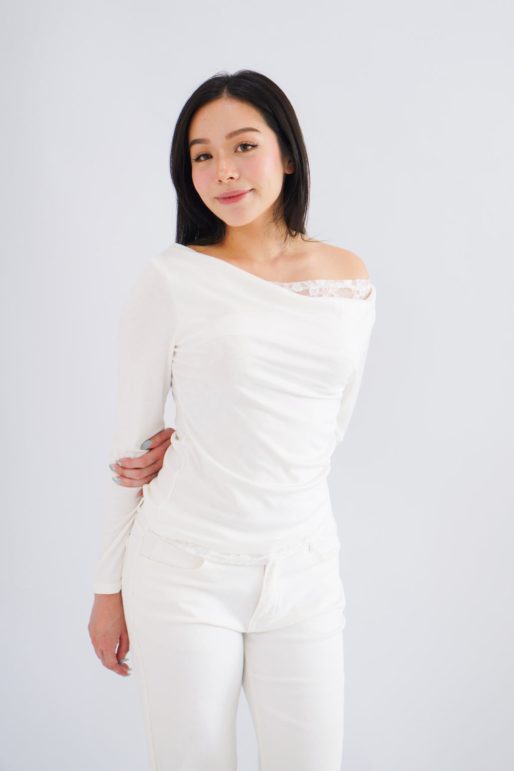 Daria Lace Toga Long Sleeve Ruched Top in White