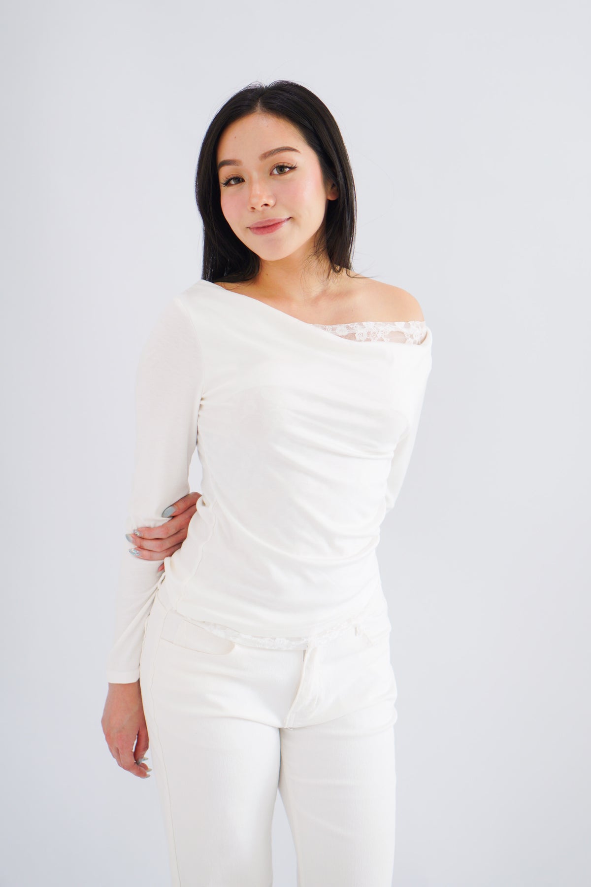 Daria Lace Toga Long Sleeve Ruched Top in White