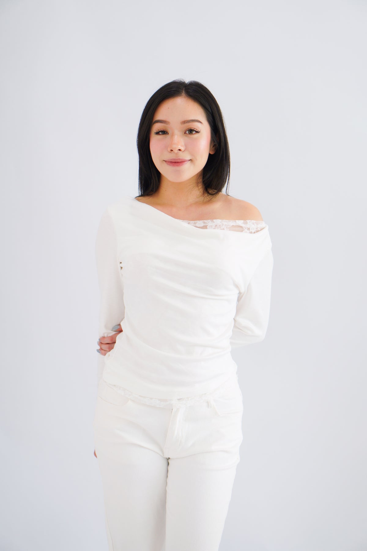 Daria Lace Toga Long Sleeve Ruched Top in White