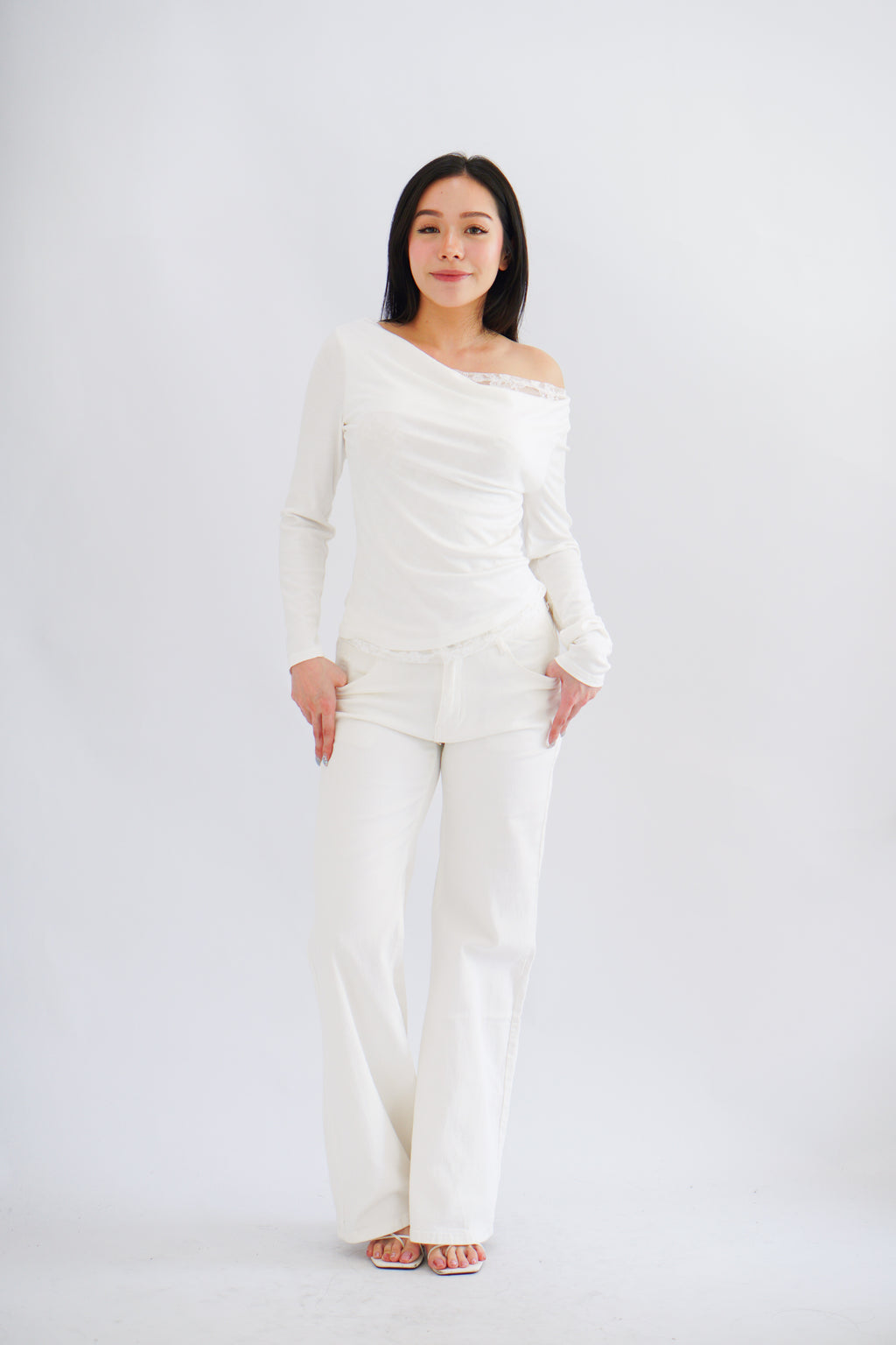 Daria Lace Toga Long Sleeve Ruched Top in White
