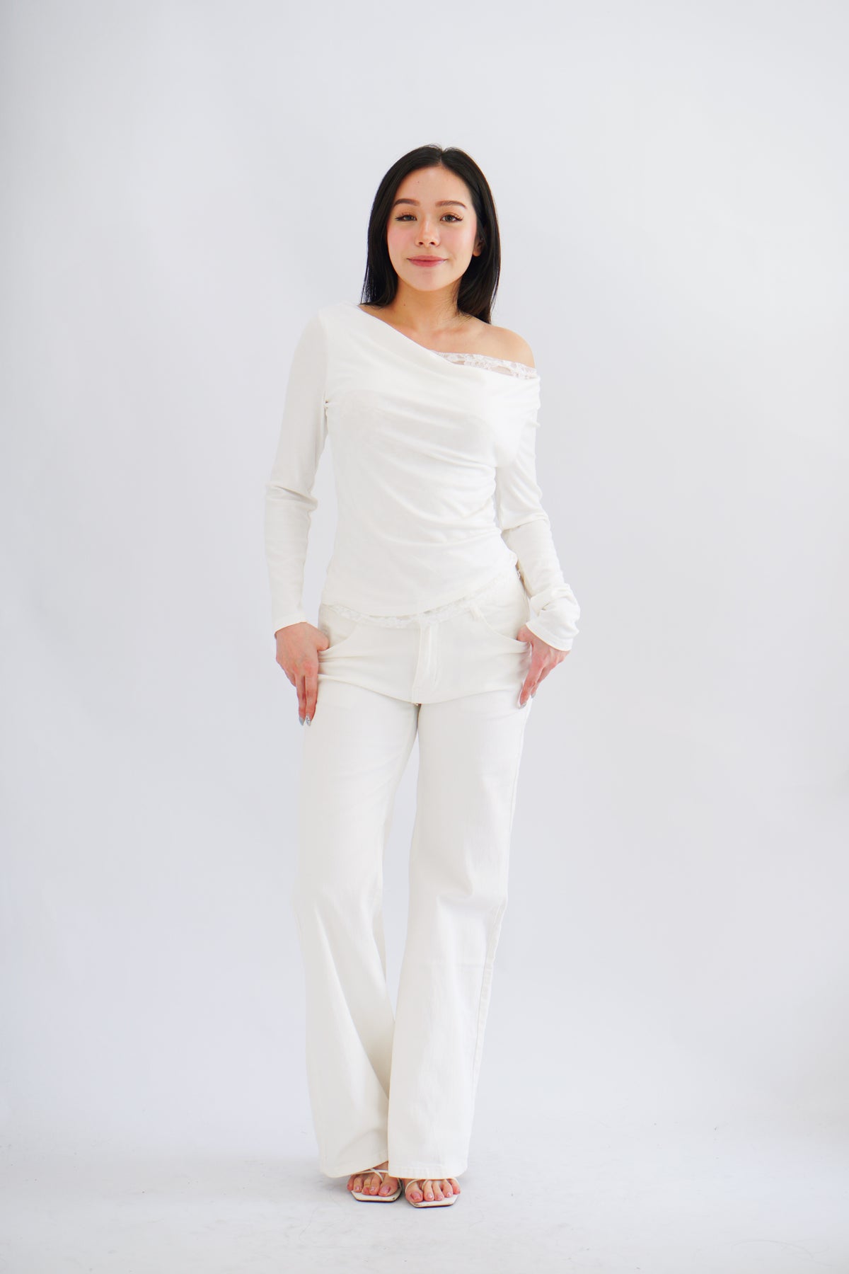Daria Lace Toga Long Sleeve Ruched Top in White