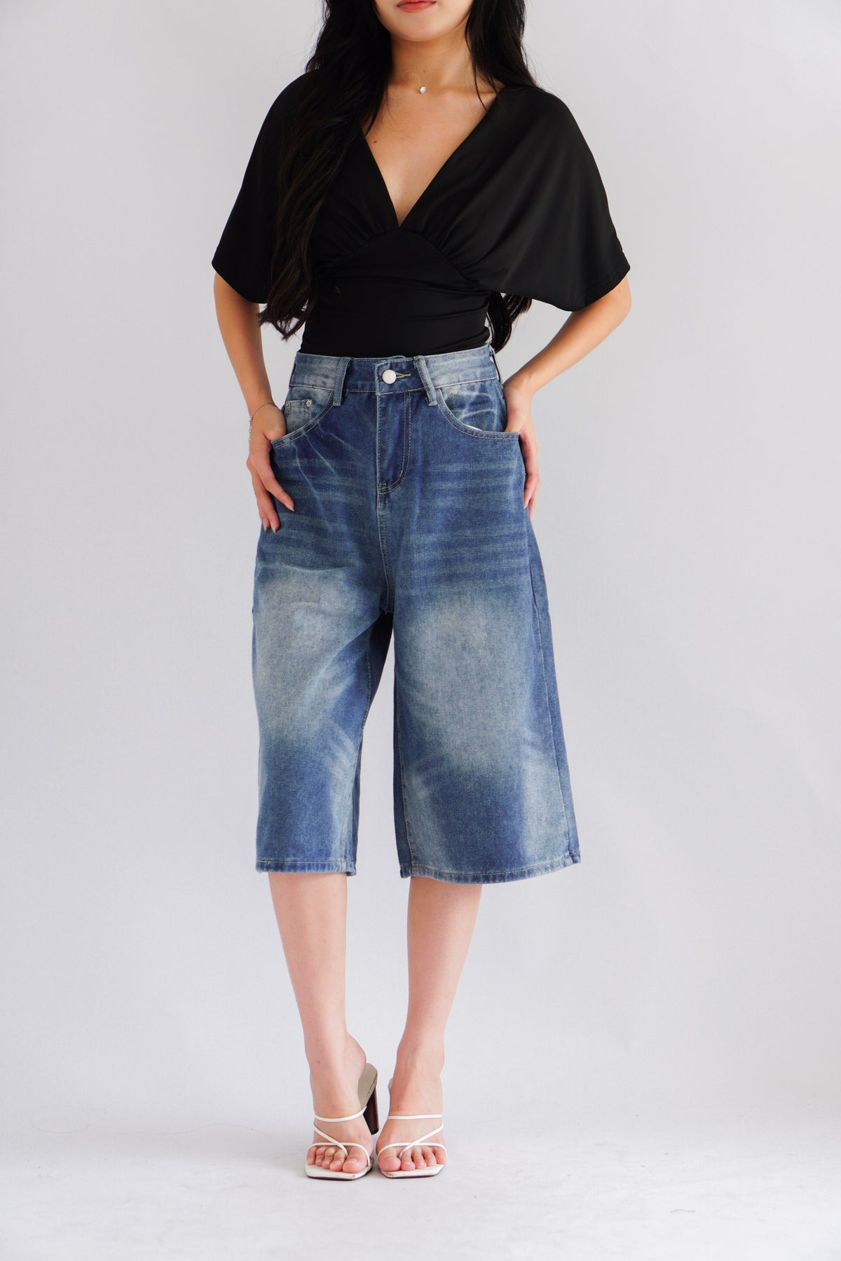 Topez Denim Midi Jorts in Blue Acid Wash