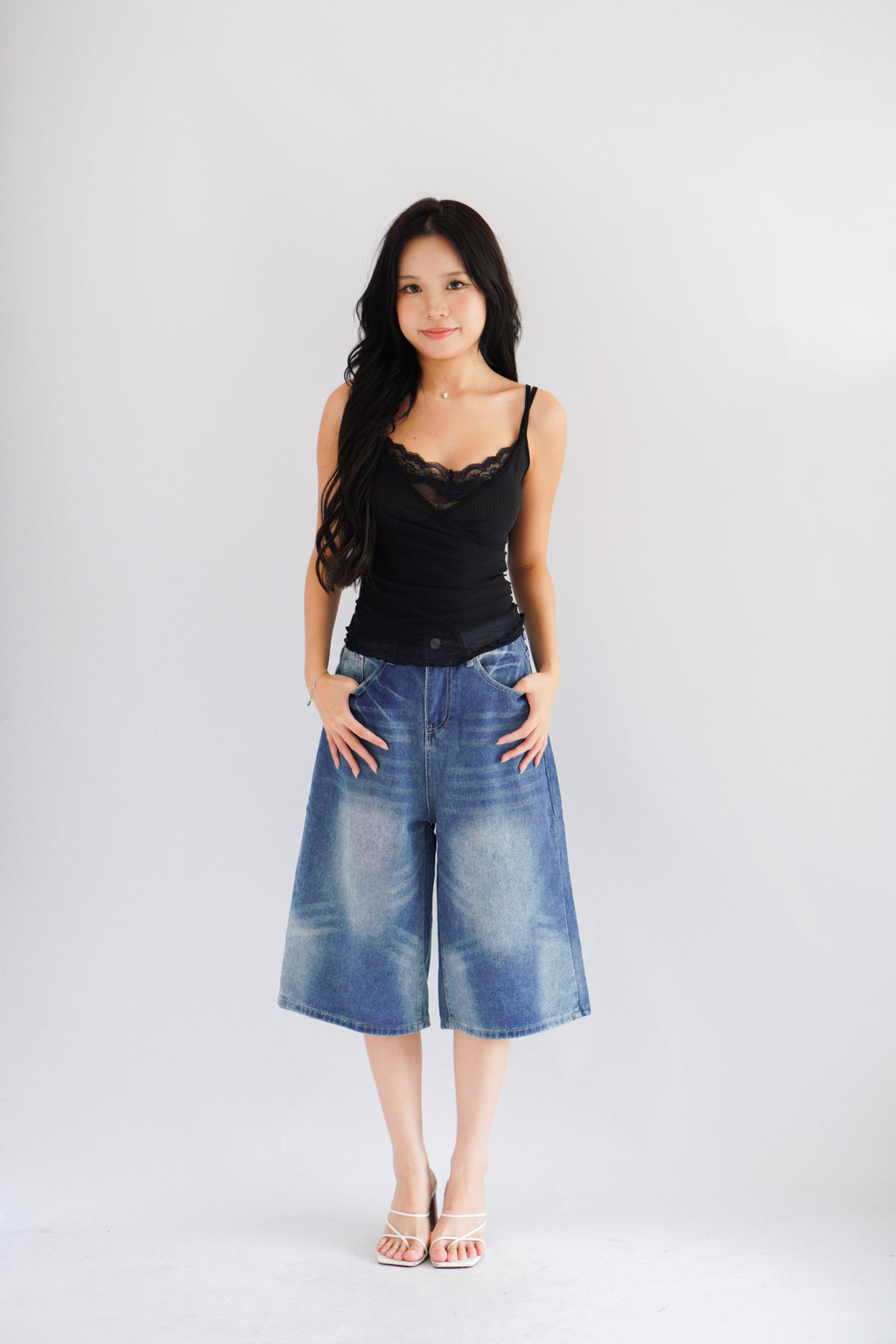 Topez Denim Midi Jorts in Blue Acid Wash