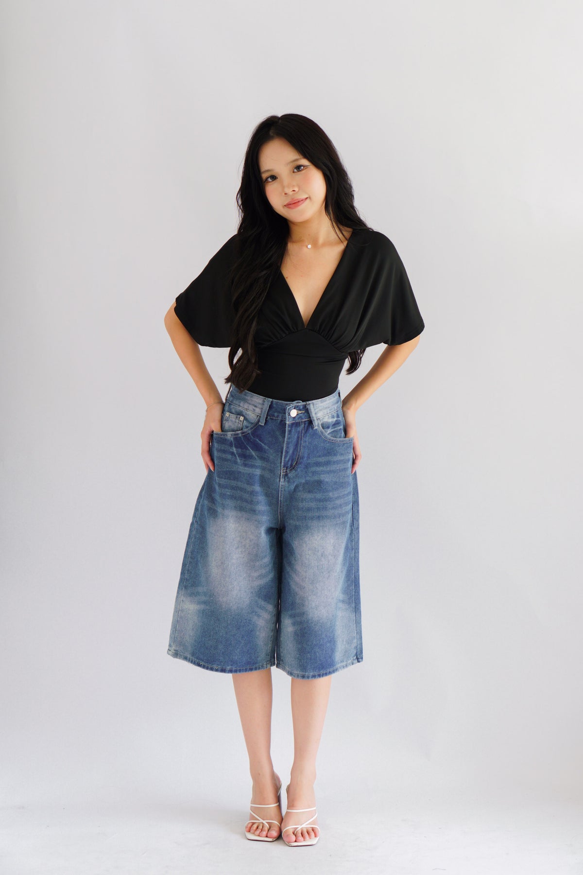 Topez Denim Midi Jorts in Blue Acid Wash