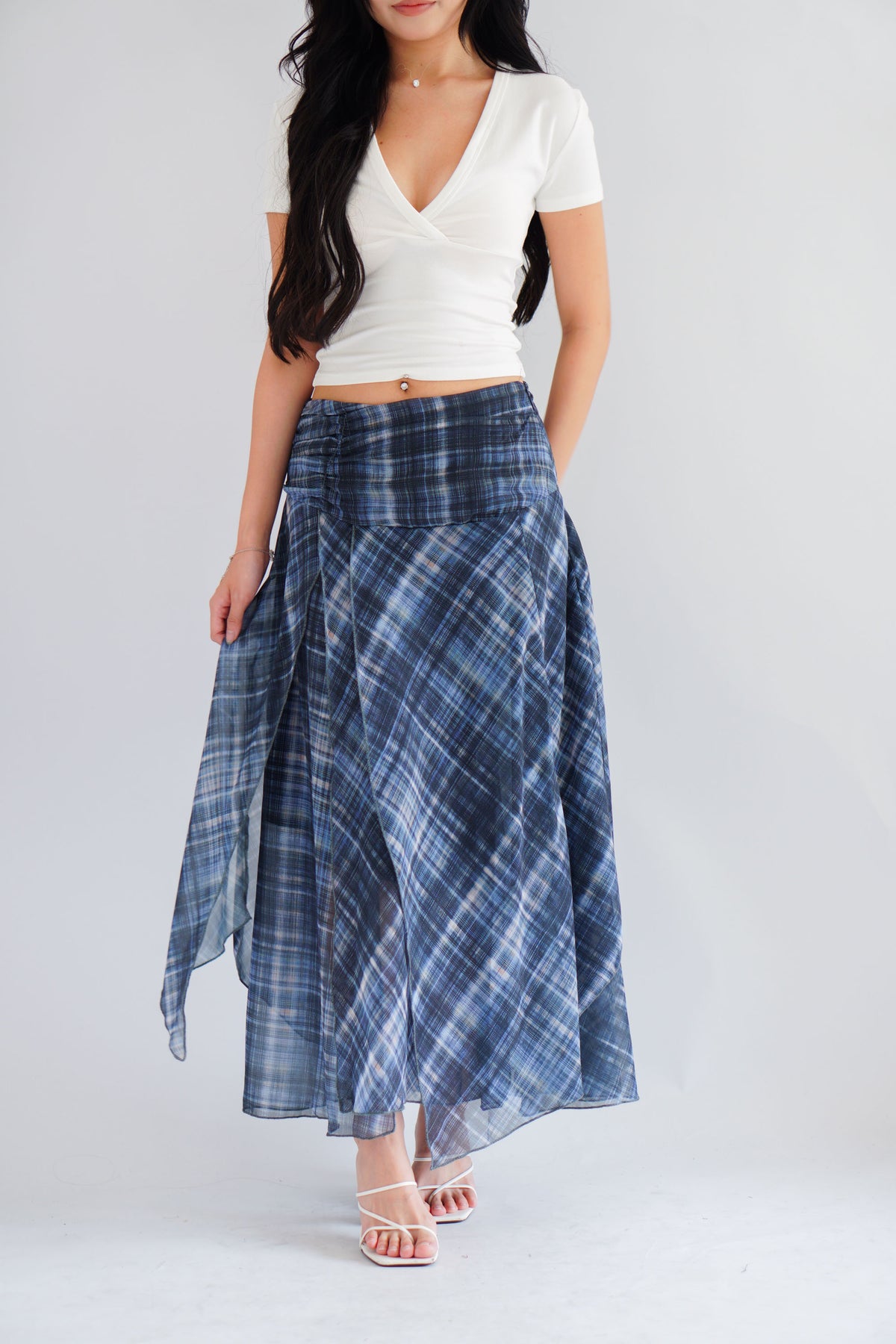 Jessara Plaid Asymmetrical Midi Skirt in Blue