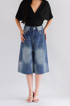 Topez Denim Midi Jorts in Blue Acid Wash