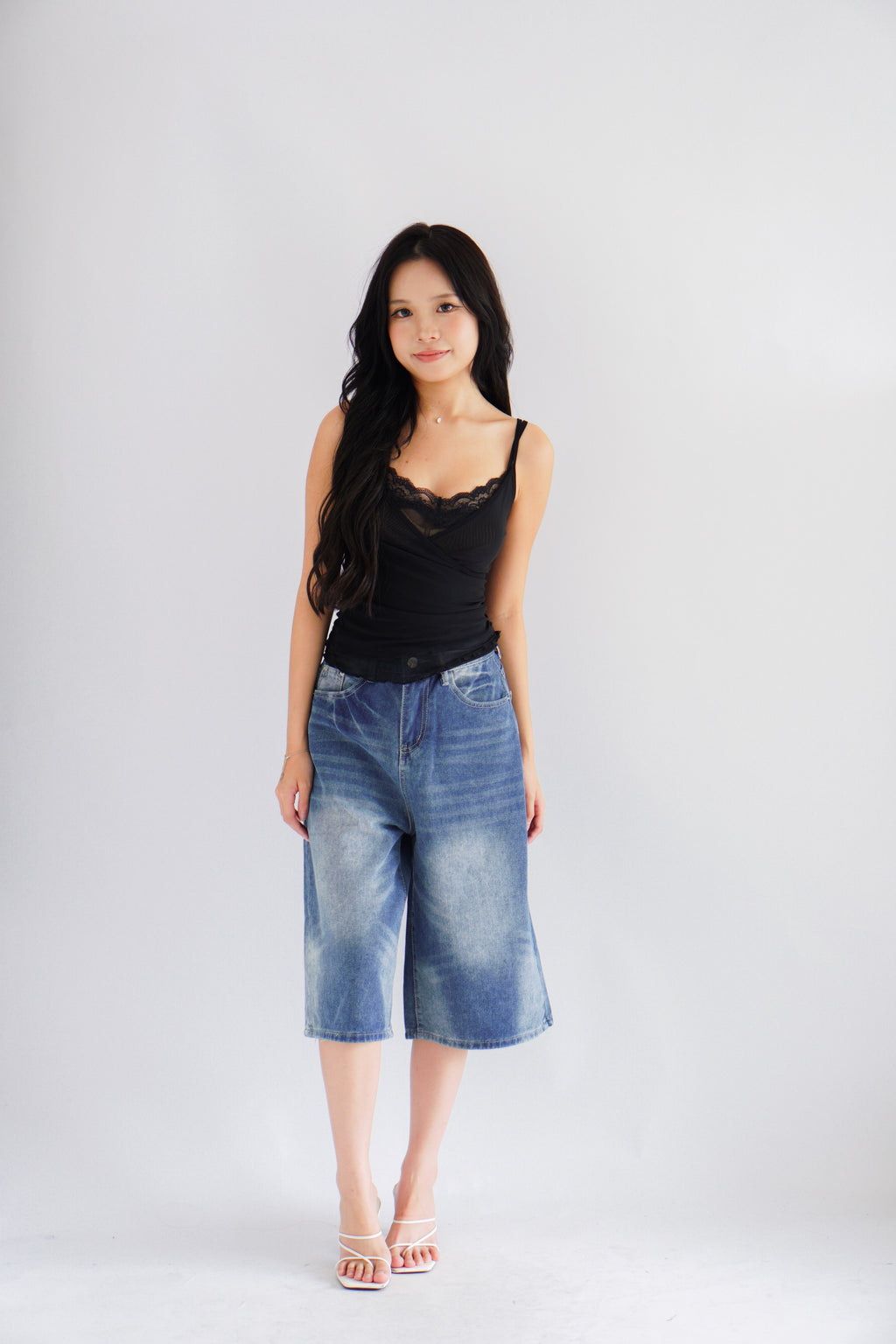 Topez Denim Midi Jorts in Blue Acid Wash