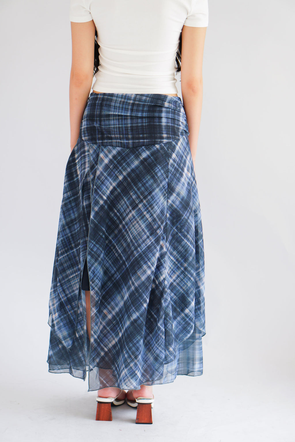 Jessara Plaid Asymmetrical Midi Skirt in Blue