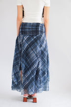 Jessara Plaid Asymmetrical Midi Skirt in Blue