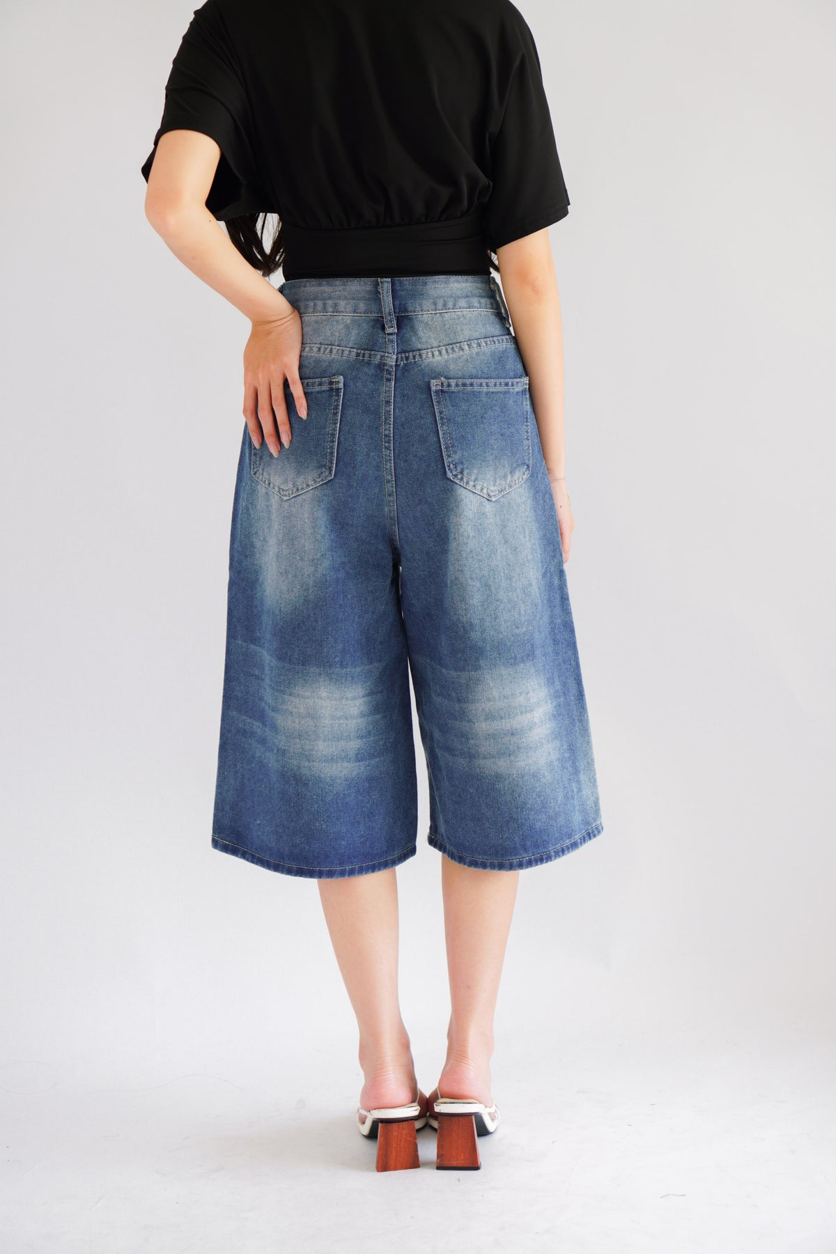 Topez Denim Midi Jorts in Blue Acid Wash