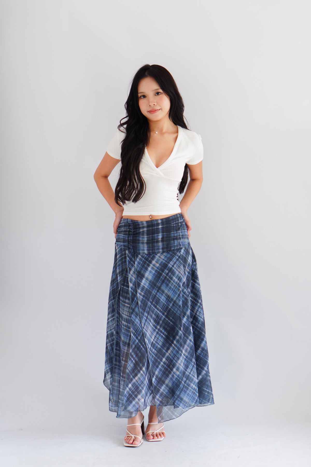 Jessara Plaid Asymmetrical Midi Skirt in Blue