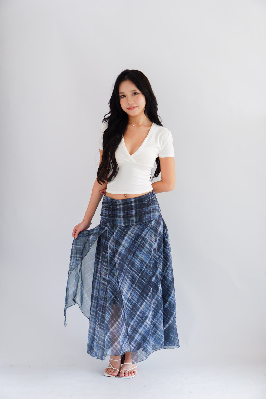 Jessara Plaid Asymmetrical Midi Skirt in Blue