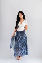 Jessara Plaid Asymmetrical Midi Skirt in Blue
