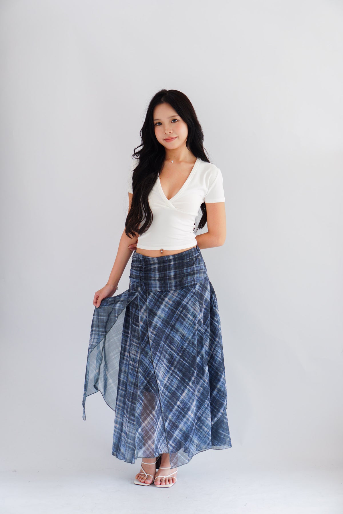 Jessara Plaid Asymmetrical Midi Skirt in Blue