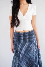 Jessara Plaid Asymmetrical Midi Skirt in Blue