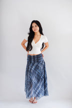 Jessara Plaid Asymmetrical Midi Skirt in Blue