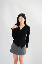 Paulette V Neck Long Sleeve Top in Black