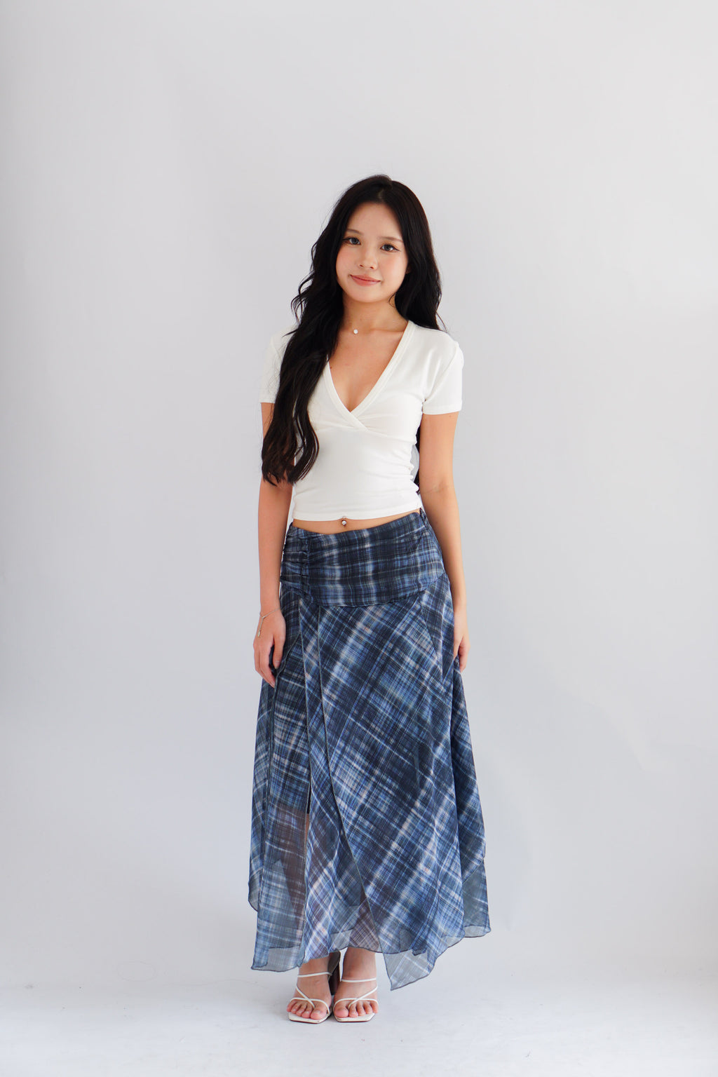 Jessara Plaid Asymmetrical Midi Skirt in Blue
