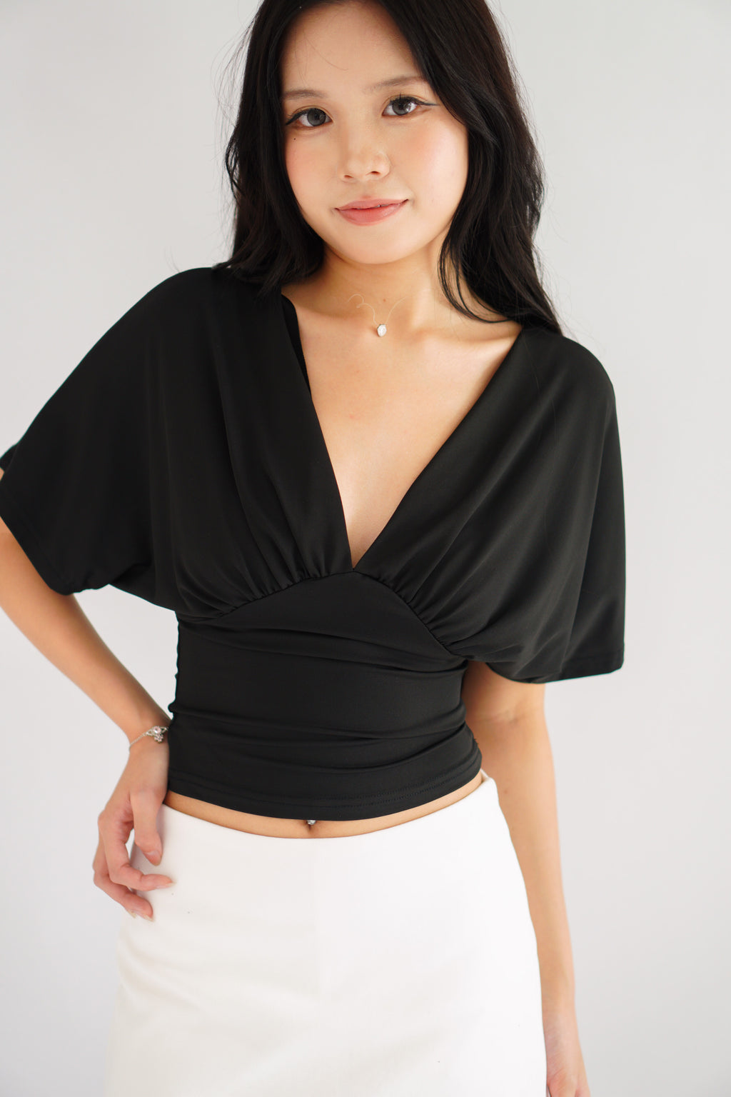 Dienne V Neck Ruched Waist Top in Black