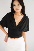 Dienne V Neck Ruched Waist Top in Black