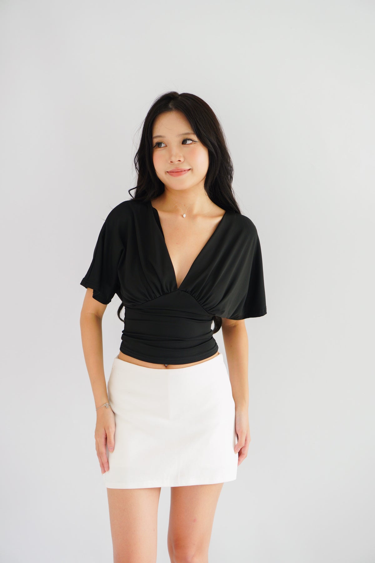 Dienne V Neck Ruched Waist Top in Black