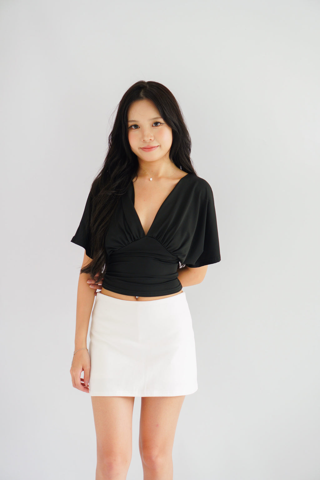 Dienne V Neck Ruched Waist Top in Black