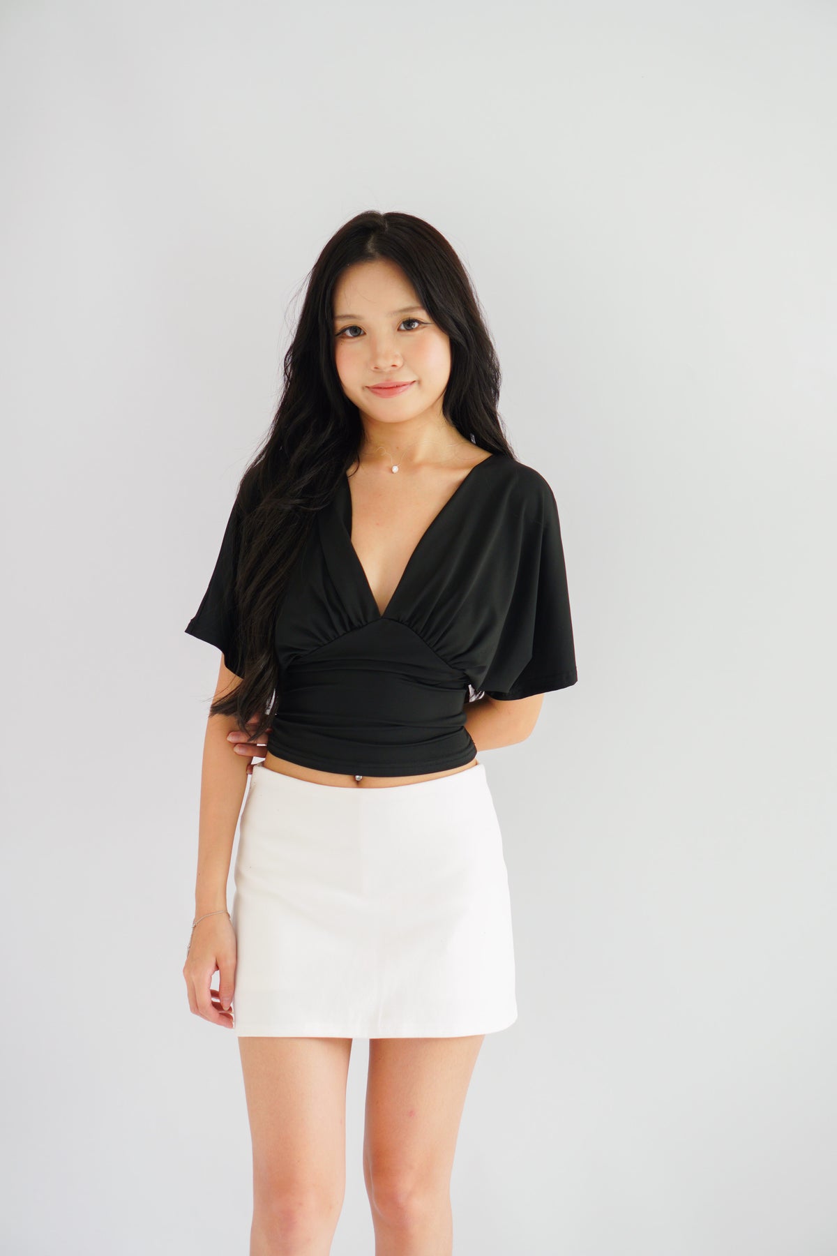 Dienne V Neck Ruched Waist Top in Black