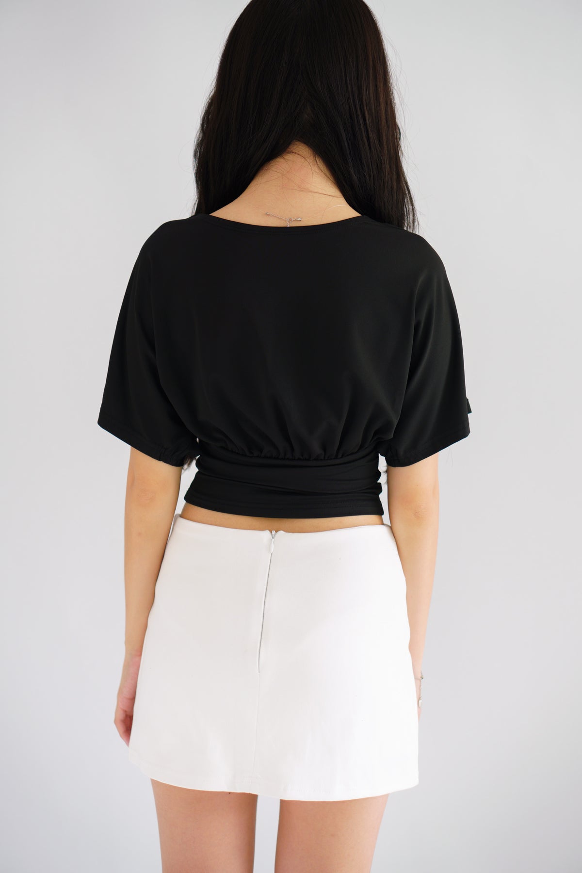 Dienne V Neck Ruched Waist Top in Black