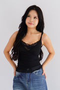 Cam Faux 2 Layer Mesh Lace Camisole Top in Black
