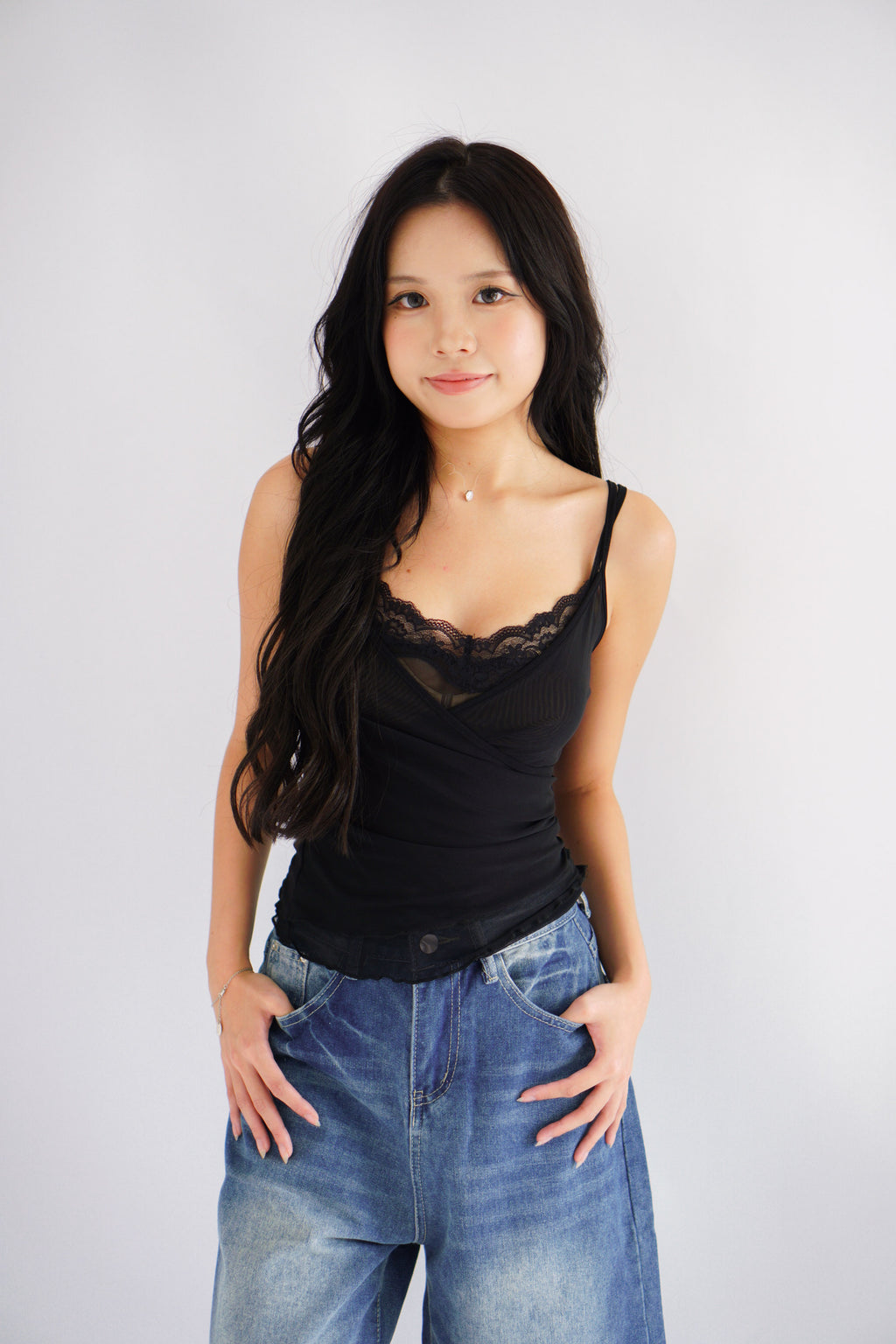 Cam Faux 2 Layer Mesh Lace Camisole Top in Black