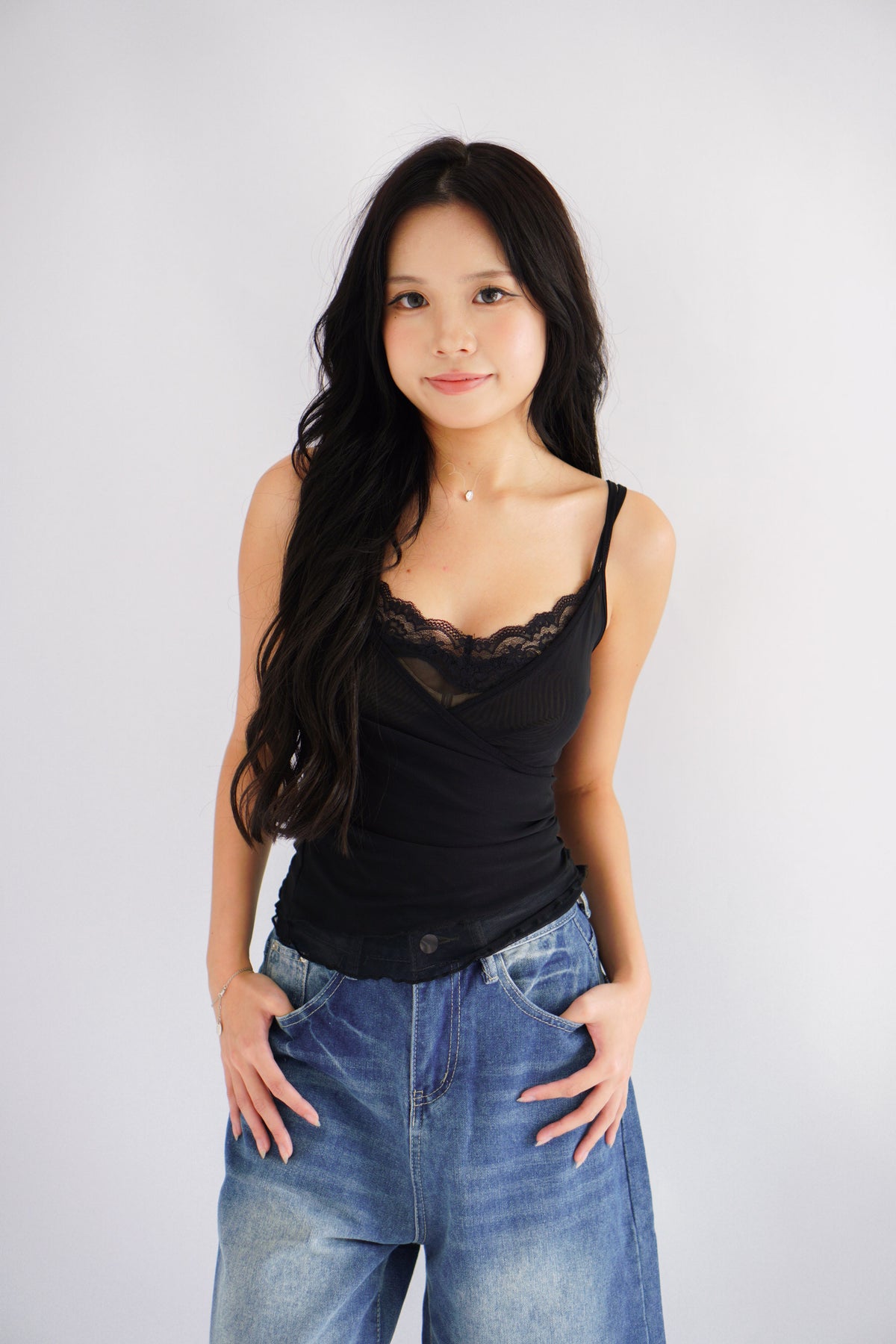 Cam Faux 2 Layer Mesh Lace Camisole Top in Black