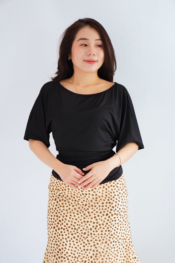 Micienne Ruched Tie Waist Flare Sleeves Top in Black