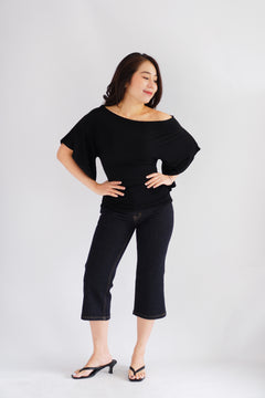 Sabrina Flutter Sleeves Ruched Waist Top in Black