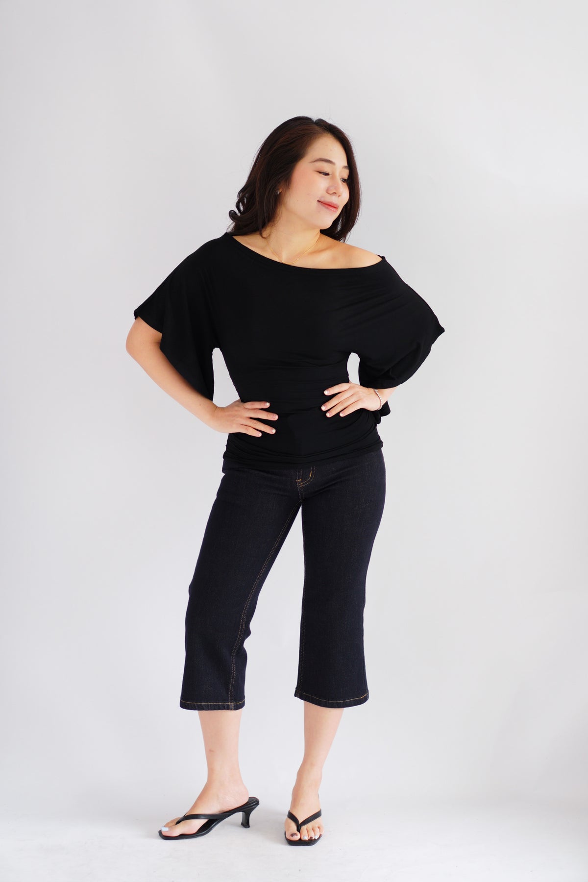 Sabrina Flutter Sleeves Ruched Waist Top in Black