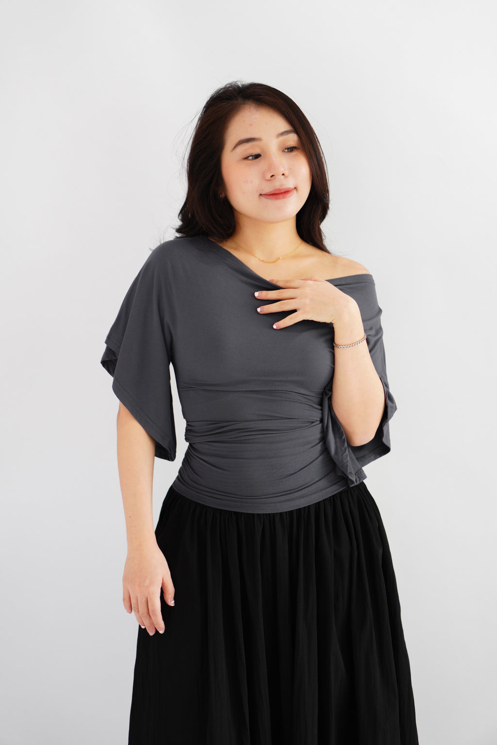 Sabrina Flutter Sleeves Ruched Waist Top in Grey
