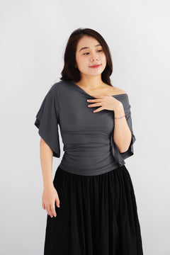 Sabrina Flutter Sleeves Ruched Waist Top in Grey